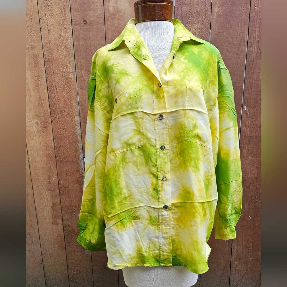 Women's 100% silk button-down tie dye long sleeve shirt